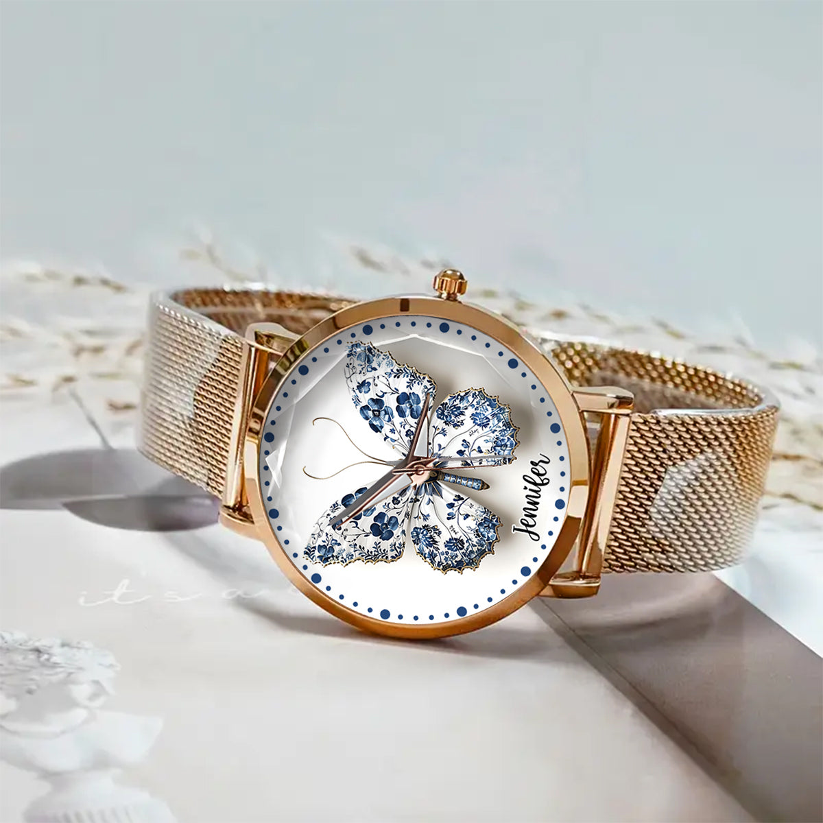 Montre-bracelet papillon personnalisée style Toile de Jouy pour femme
