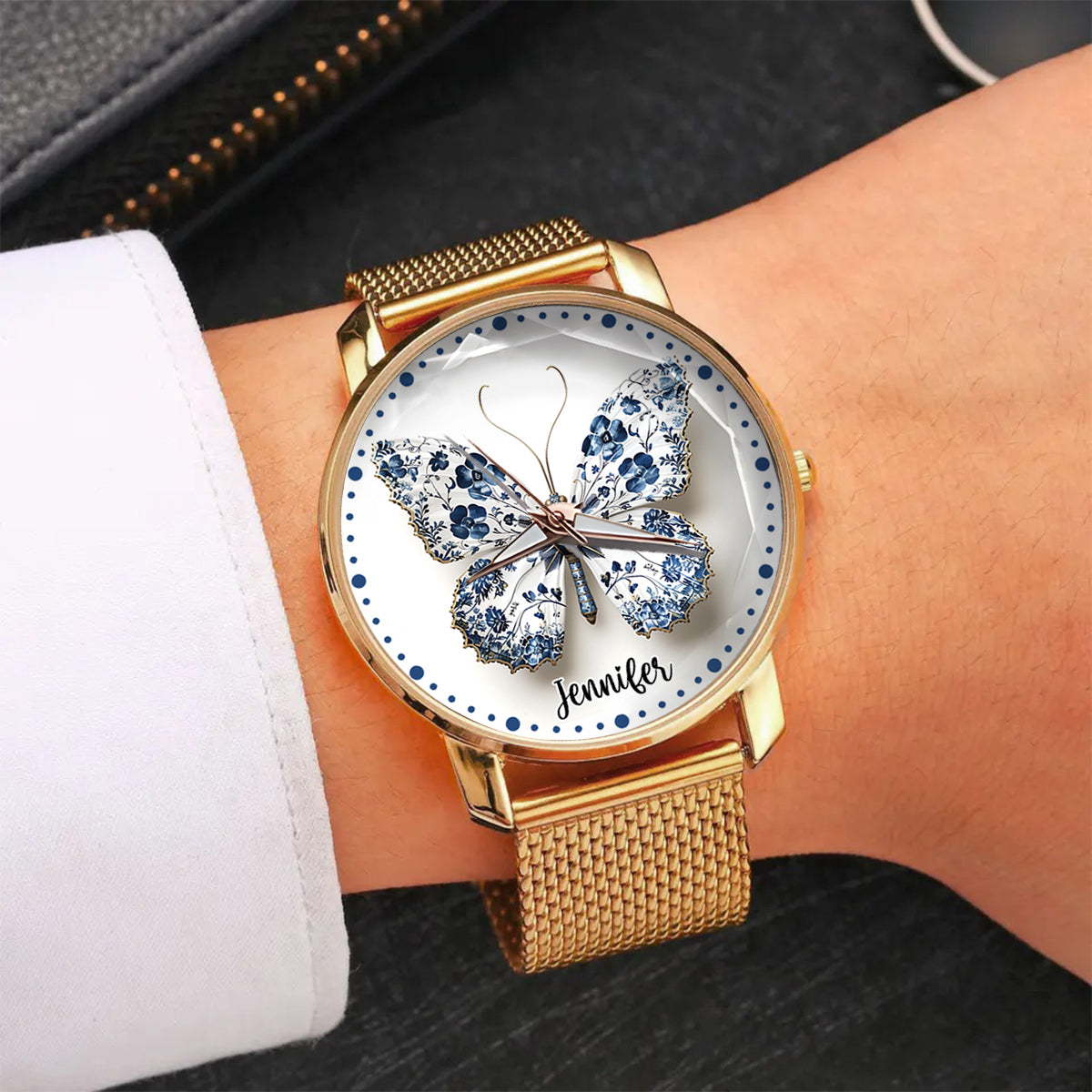 Montre-bracelet papillon personnalisée style Toile de Jouy pour femme