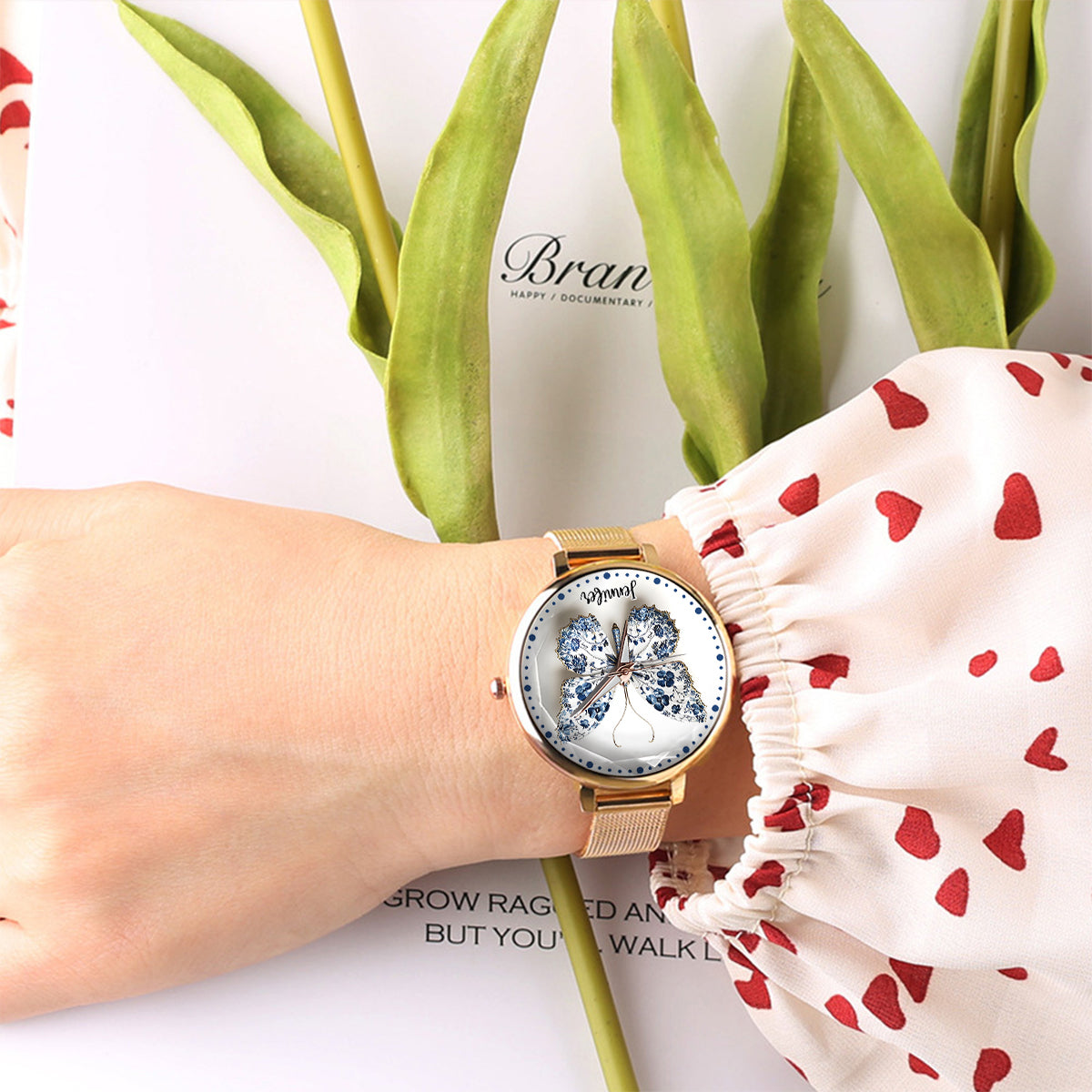 Montre-bracelet papillon personnalisée style Toile de Jouy pour femme