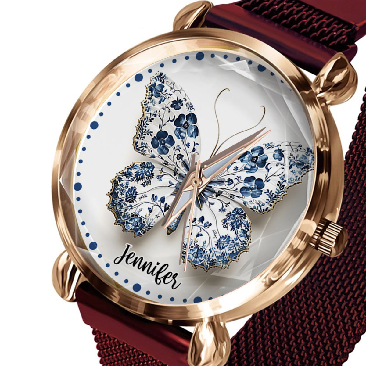 Montre-bracelet papillon personnalisée style Toile de Jouy pour femme