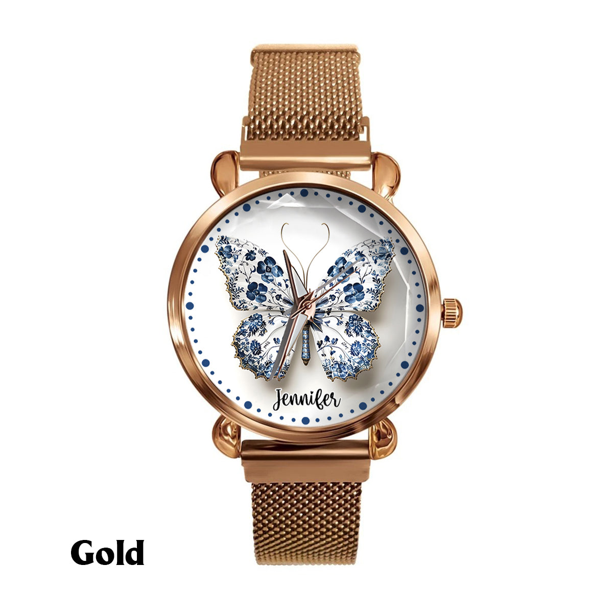 Montre-bracelet papillon personnalisée style Toile de Jouy pour femme