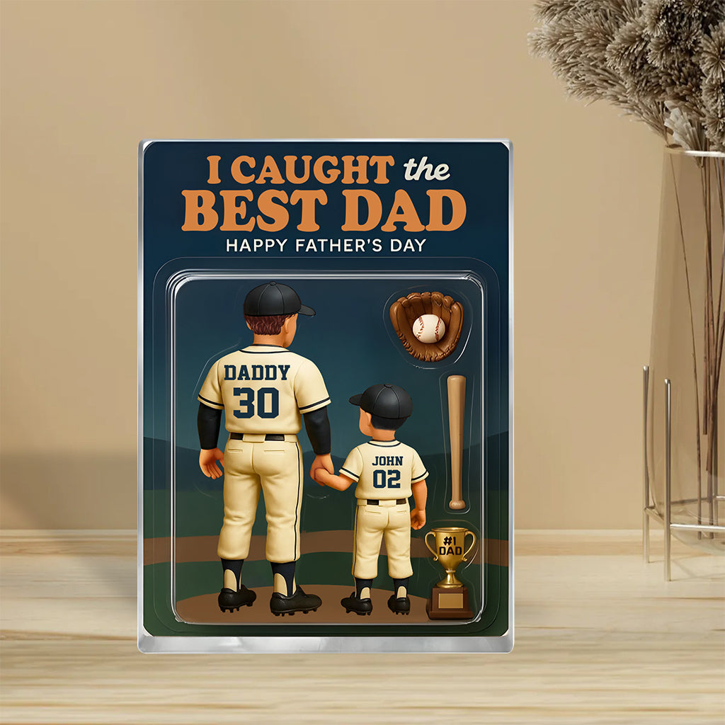 Figurine personnalisée de baseball « J’ai attrapé le meilleur papa, grand-père » - Plaque acrylique personnalisée en forme de balle de baseball