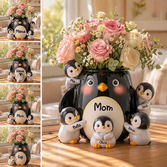 Idée Cadeau Maman, Amoureux des Pingouins - Pot Acrylique Personnalisé