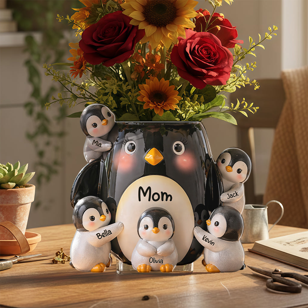 Idée Cadeau Maman, Amoureux des Pingouins - Pot Acrylique Personnalisé