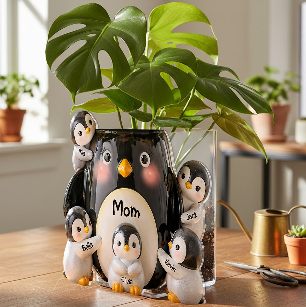 Idée Cadeau Maman, Amoureux des Pingouins - Pot Acrylique Personnalisé