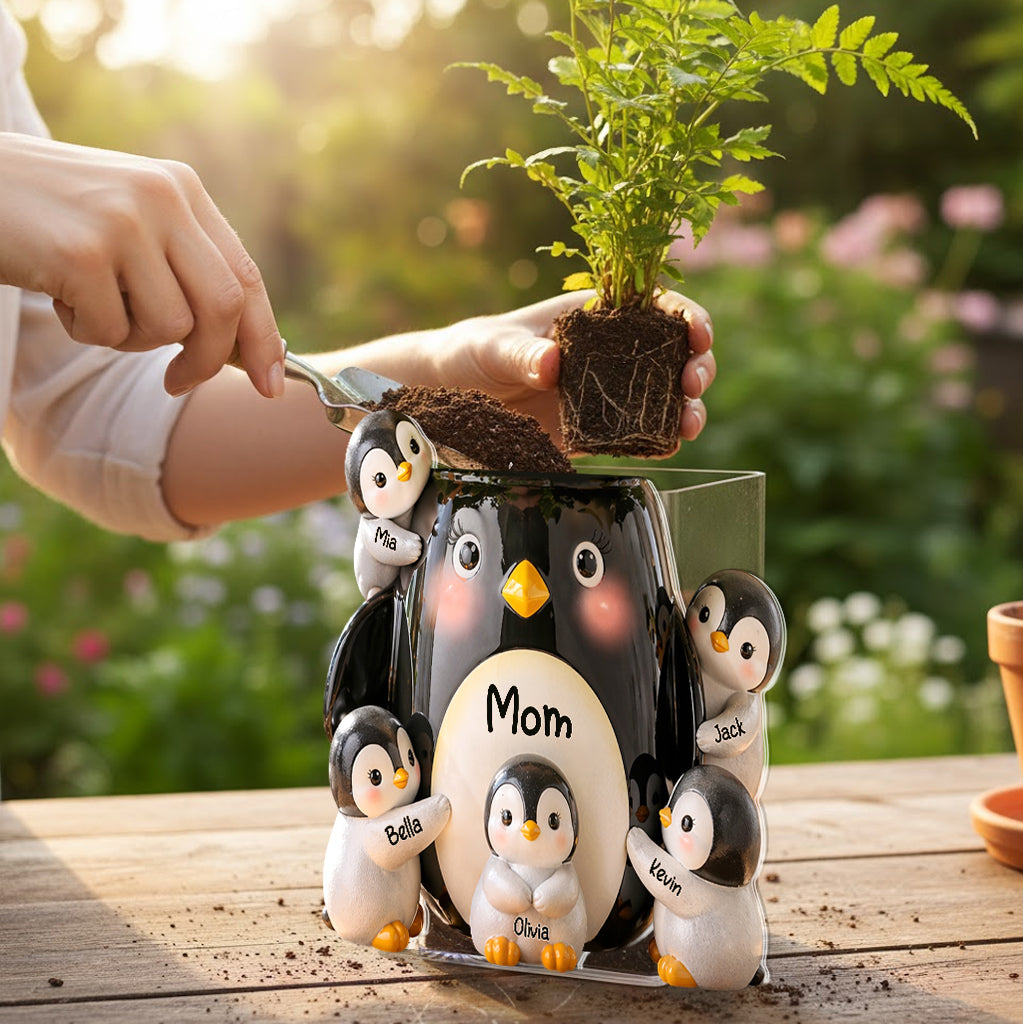 Idée Cadeau Maman, Amoureux des Pingouins - Pot Acrylique Personnalisé