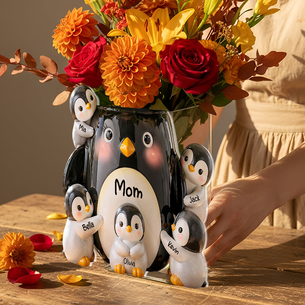 Idée Cadeau Maman, Amoureux des Pingouins - Pot Acrylique Personnalisé