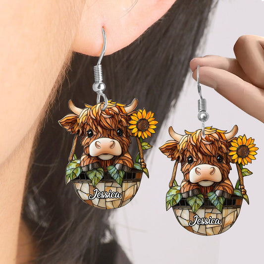 Boucles d'oreilles personnalisées vache des Highlands et tournesol - Mignonnes boucles d'oreilles vache des Highlands