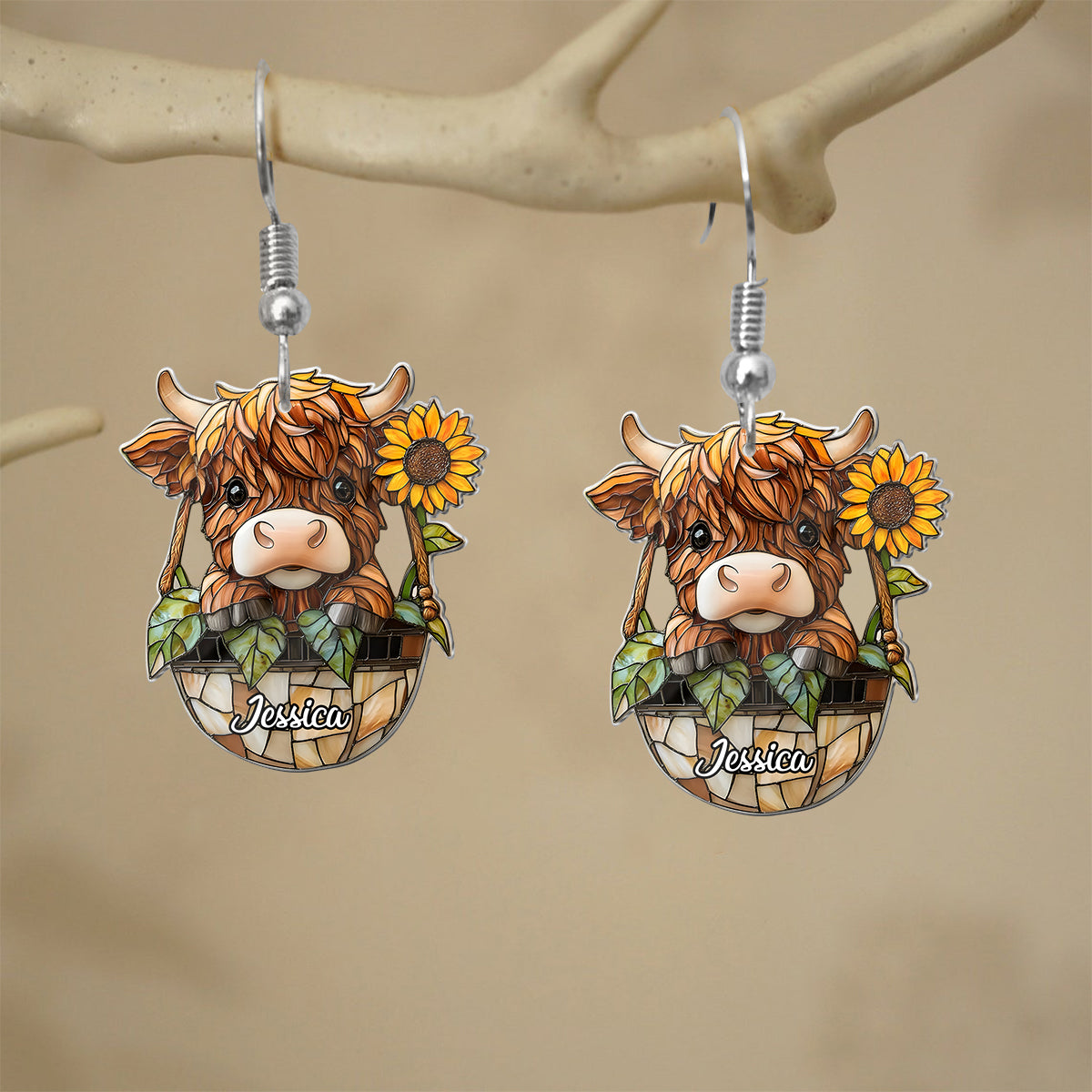 Boucles d'oreilles personnalisées vache des Highlands et tournesol - Mignonnes boucles d'oreilles vache des Highlands