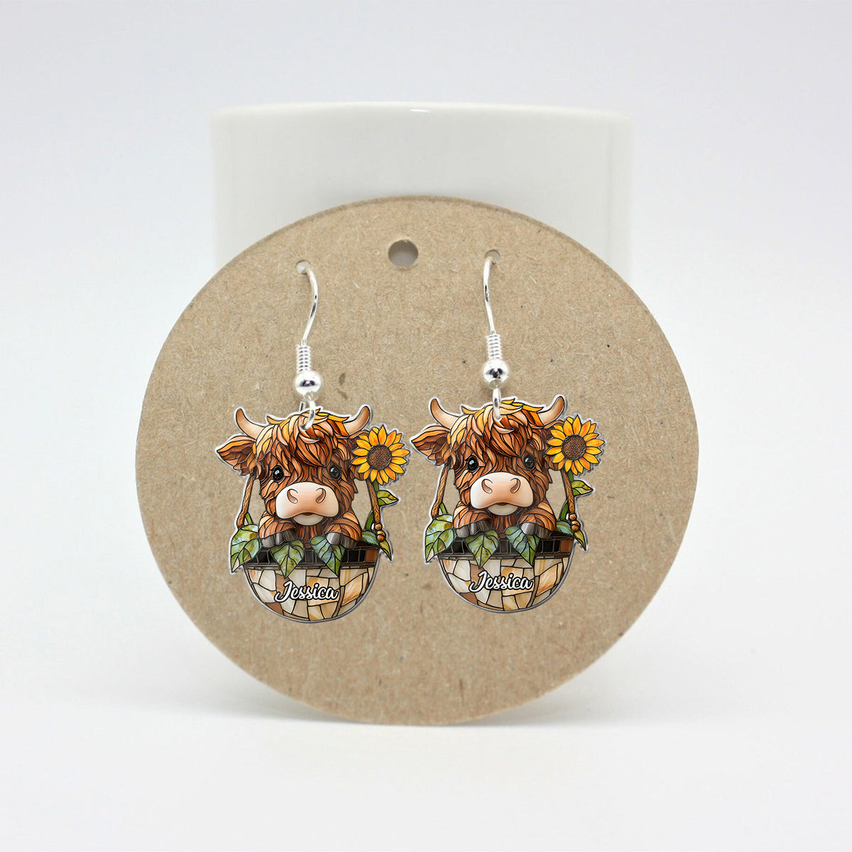 Boucles d'oreilles personnalisées vache des Highlands et tournesol - Mignonnes boucles d'oreilles vache des Highlands