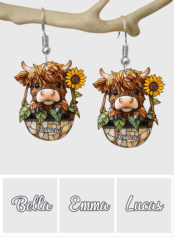 Boucles d'oreilles personnalisées vache des Highlands et tournesol - Mignonnes boucles d'oreilles vache des Highlands