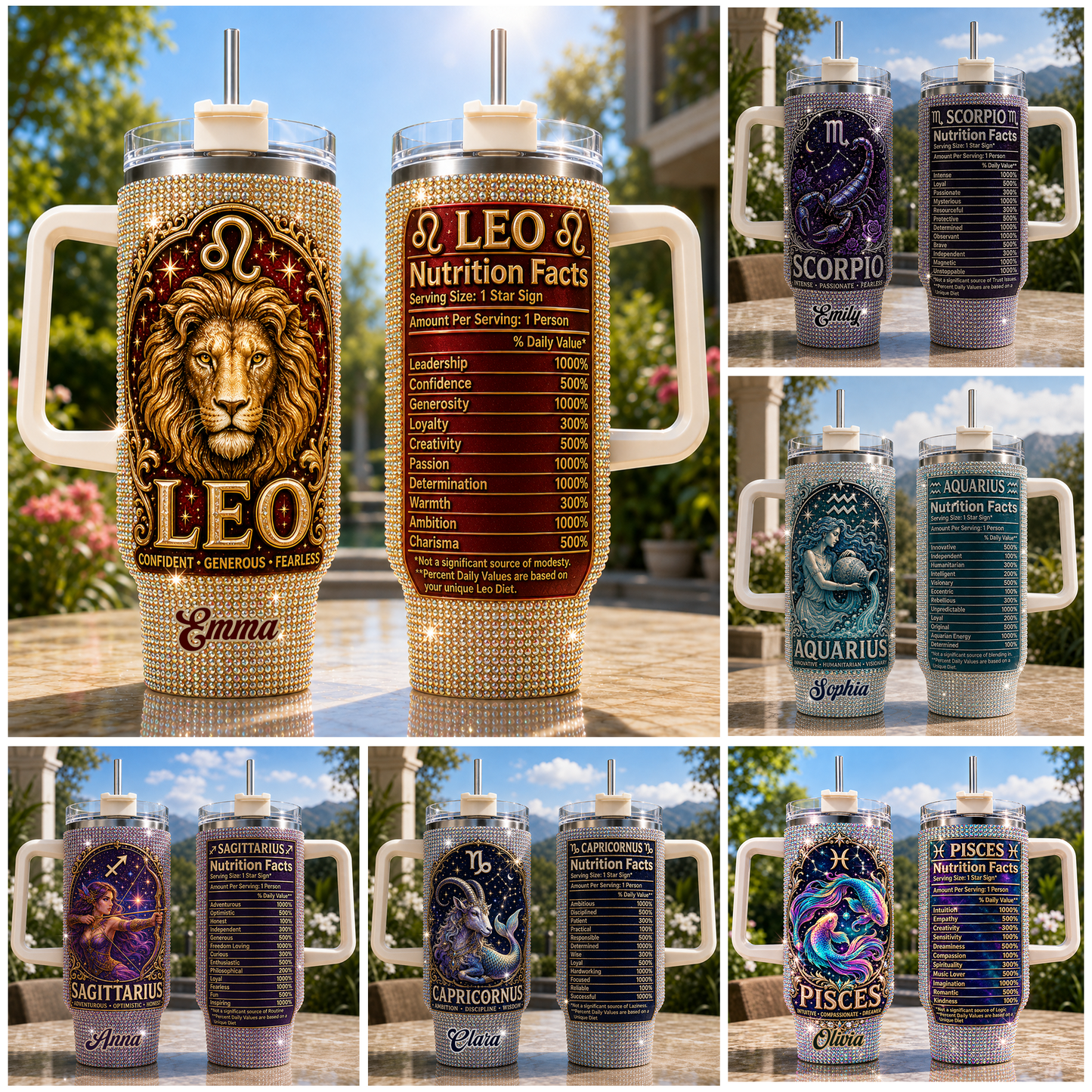 Zodiac Sign Nutrition Facts - Personalized Horoscope Rhinestone Tumbler With Handle