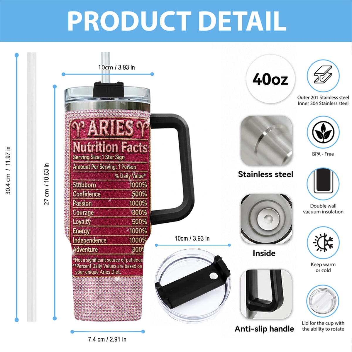Zodiac Sign Nutrition Facts - Personalized Horoscope Rhinestone Tumbler With Handle
