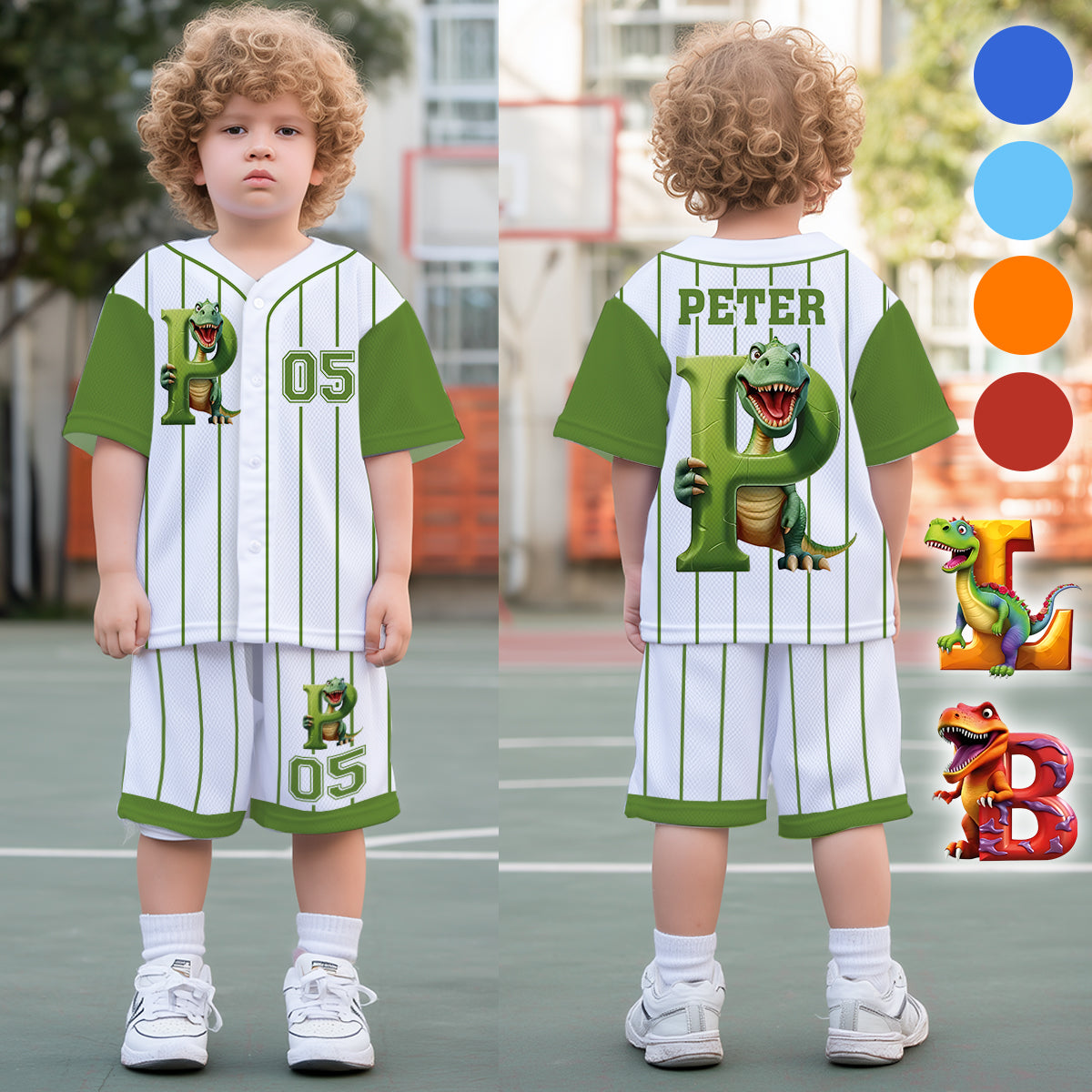 Ensemble alphabet dinosaure mignon pour enfant - T-shirt et short personnalisés en jersey pour enfant 