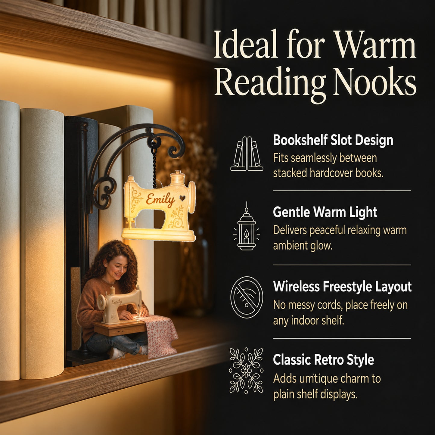 Love Sewing - Personalized Sewing Bookshelf Lamp