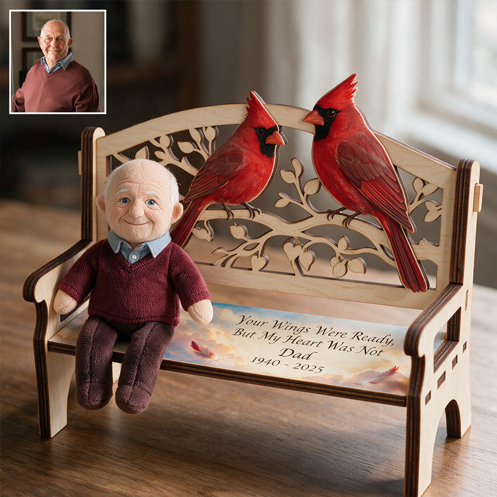 Personalized Memorial Keepsake Bench & Mini Plush - Personalized Memorial Wooden Bench & Plush Keychain Set