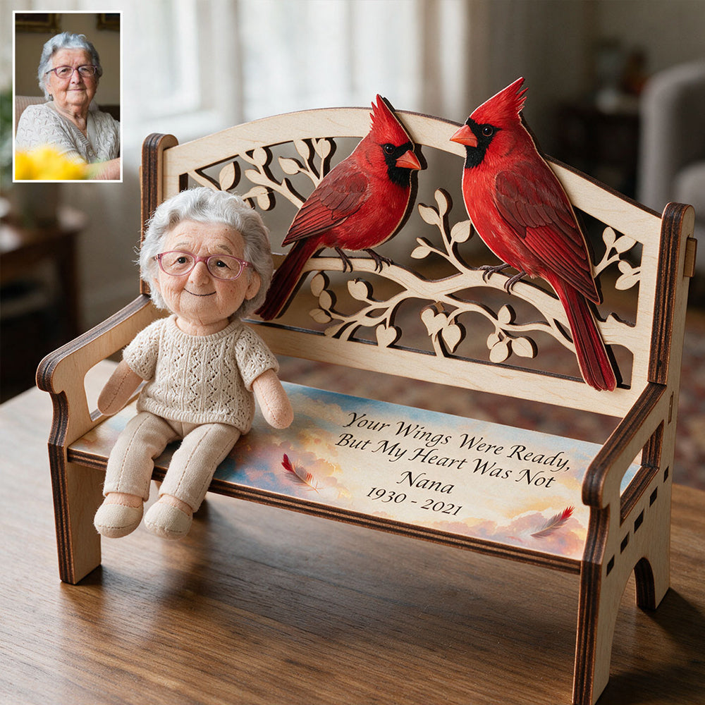 Personalized Memorial Keepsake Bench & Mini Plush - Personalized Memorial Wooden Bench & Plush Keychain Set