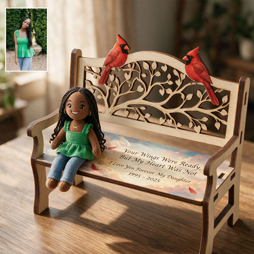 Personalized Memorial Keepsake Bench & Mini Plush - Personalized Memorial Wooden Bench & Plush Keychain Set