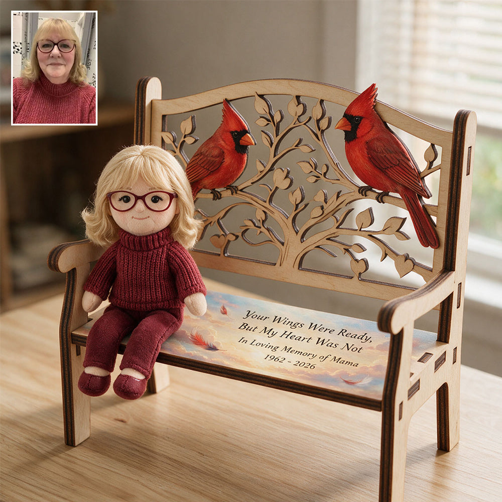 Personalized Memorial Keepsake Bench & Mini Plush - Personalized Memorial Wooden Bench & Plush Keychain Set