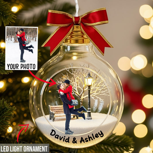 Cadeau photo personnalisé pour les fêtes - Ornement lumineux LED personnalisé pour couple