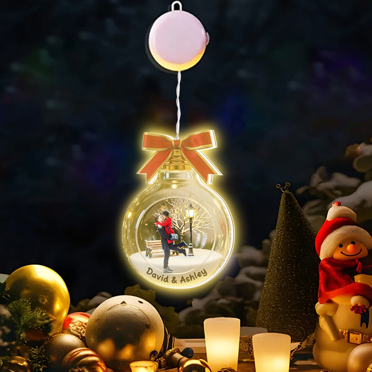 Cadeau photo personnalisé pour les fêtes - Ornement lumineux LED personnalisé pour couple