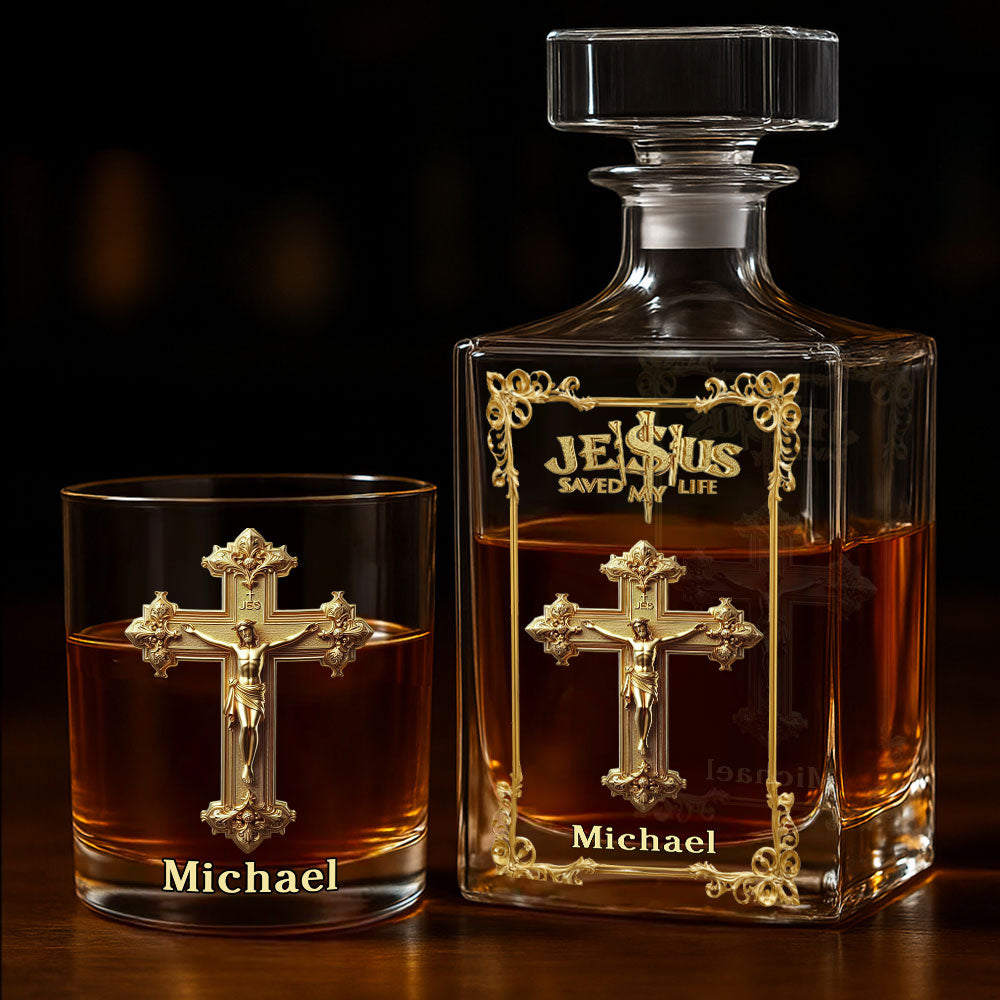 Jésus m'a sauvé la vie - Coffret carafe à whisky chrétienne personnalisée