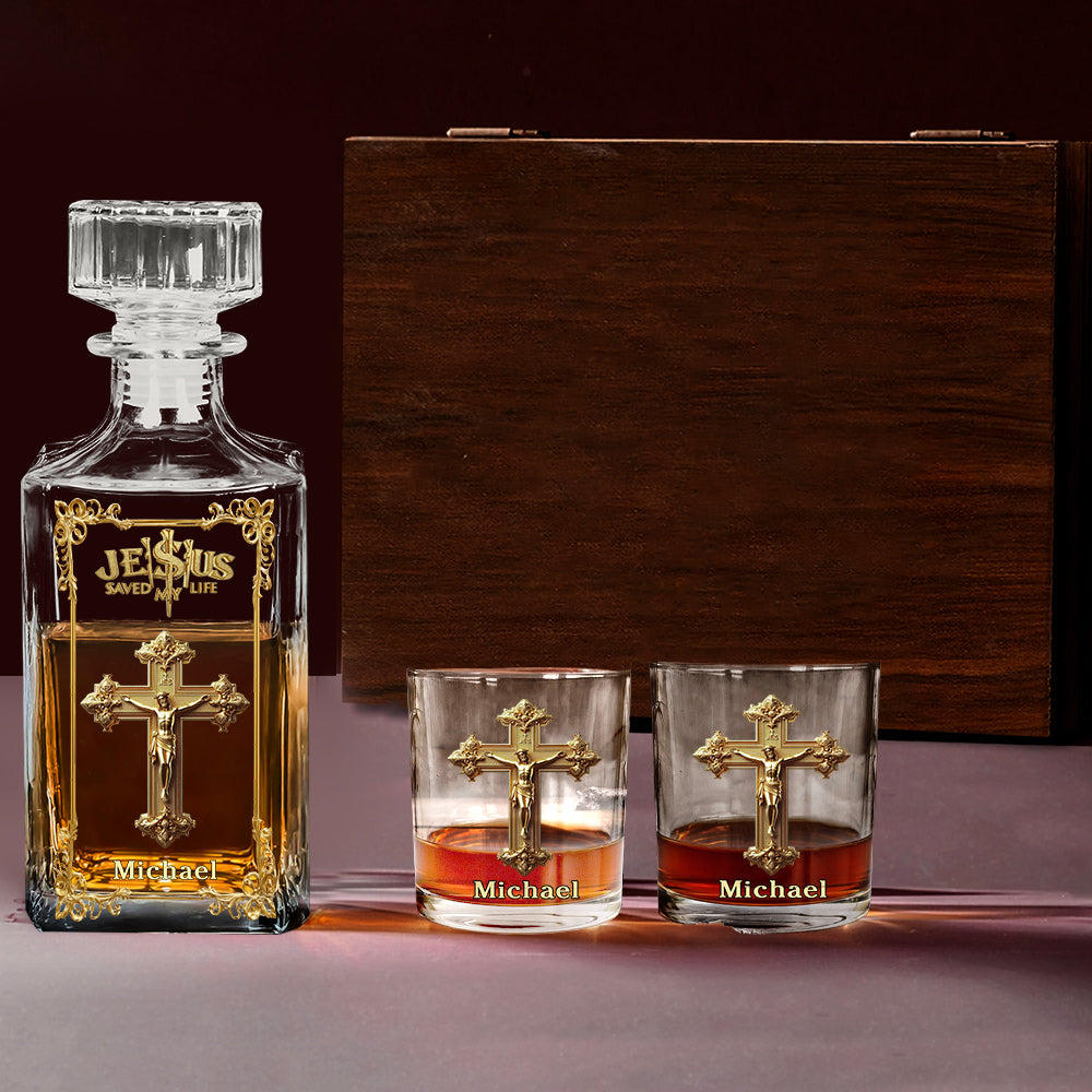 Jésus m'a sauvé la vie - Coffret carafe à whisky chrétienne personnalisée