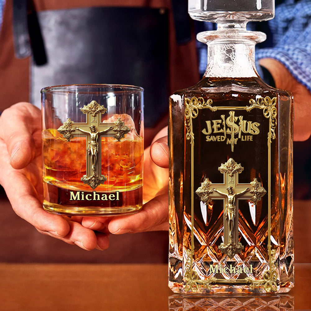 Jésus m'a sauvé la vie - Coffret carafe à whisky chrétienne personnalisée