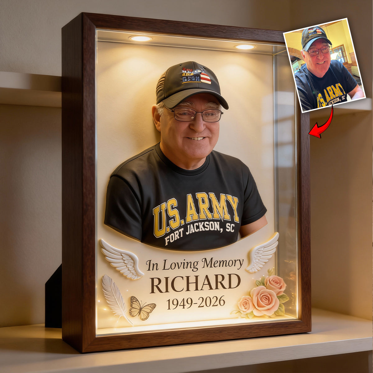 En souvenir de - Cadre commémoratif personnalisé en bois avec éclairage LED