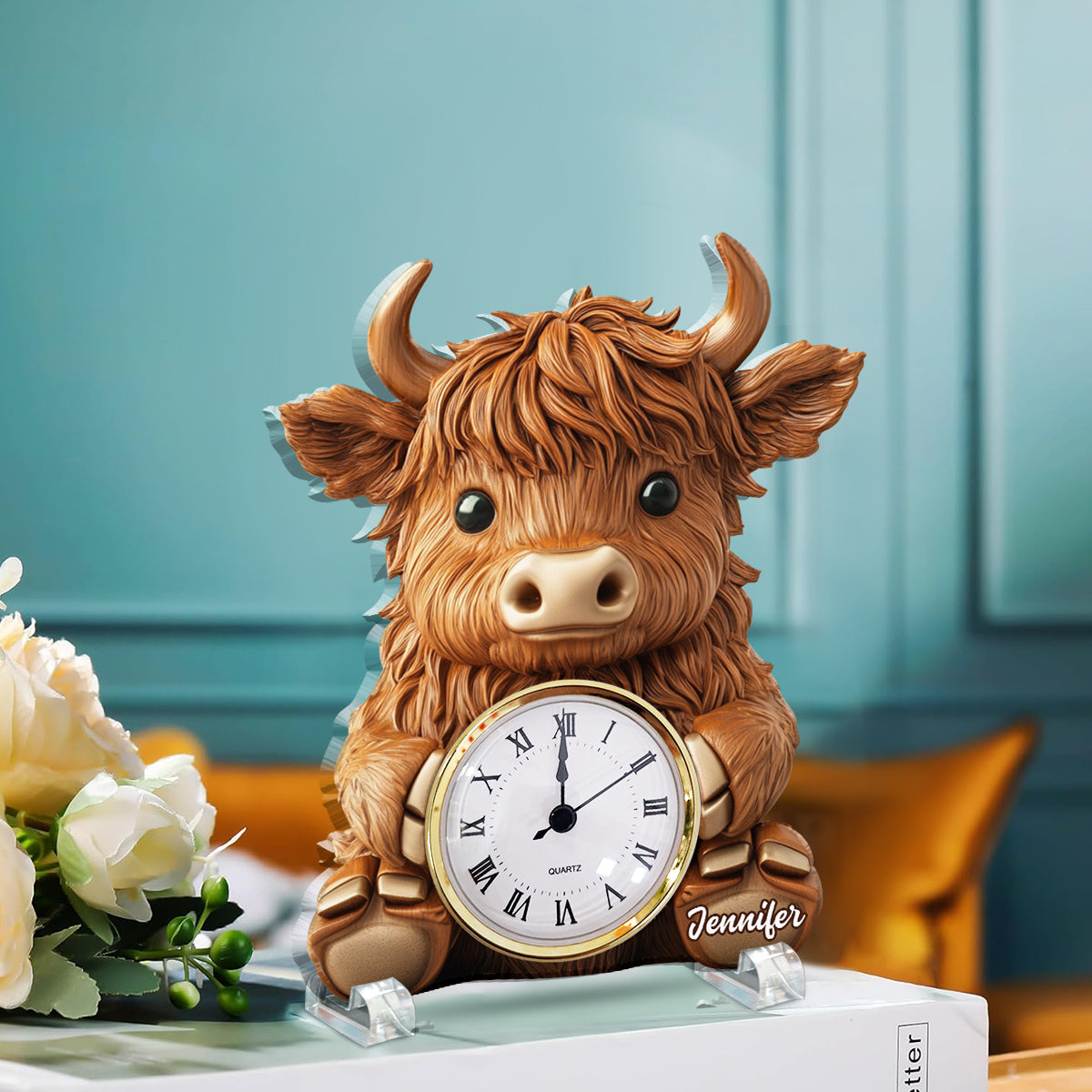 Love Highland Cow - Personalized Highland Cow Acrylic Clock Plaque