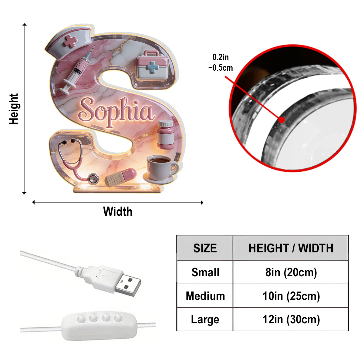 Alphabet des travailleurs médicaux - Lampe de nuit LED acrylique personnalisée