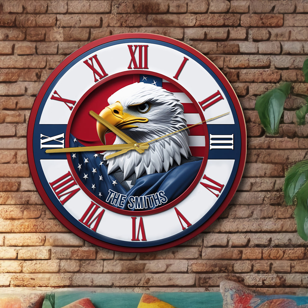 Home Of The Free - Personalized Bald Eagle Wall Clock