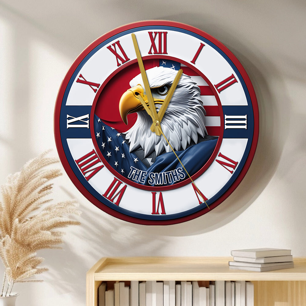 Home Of The Free - Personalized Bald Eagle Wall Clock