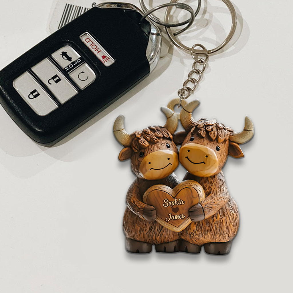 Cute Highland Cow Couple - Personalized Highland Cow Keychain
