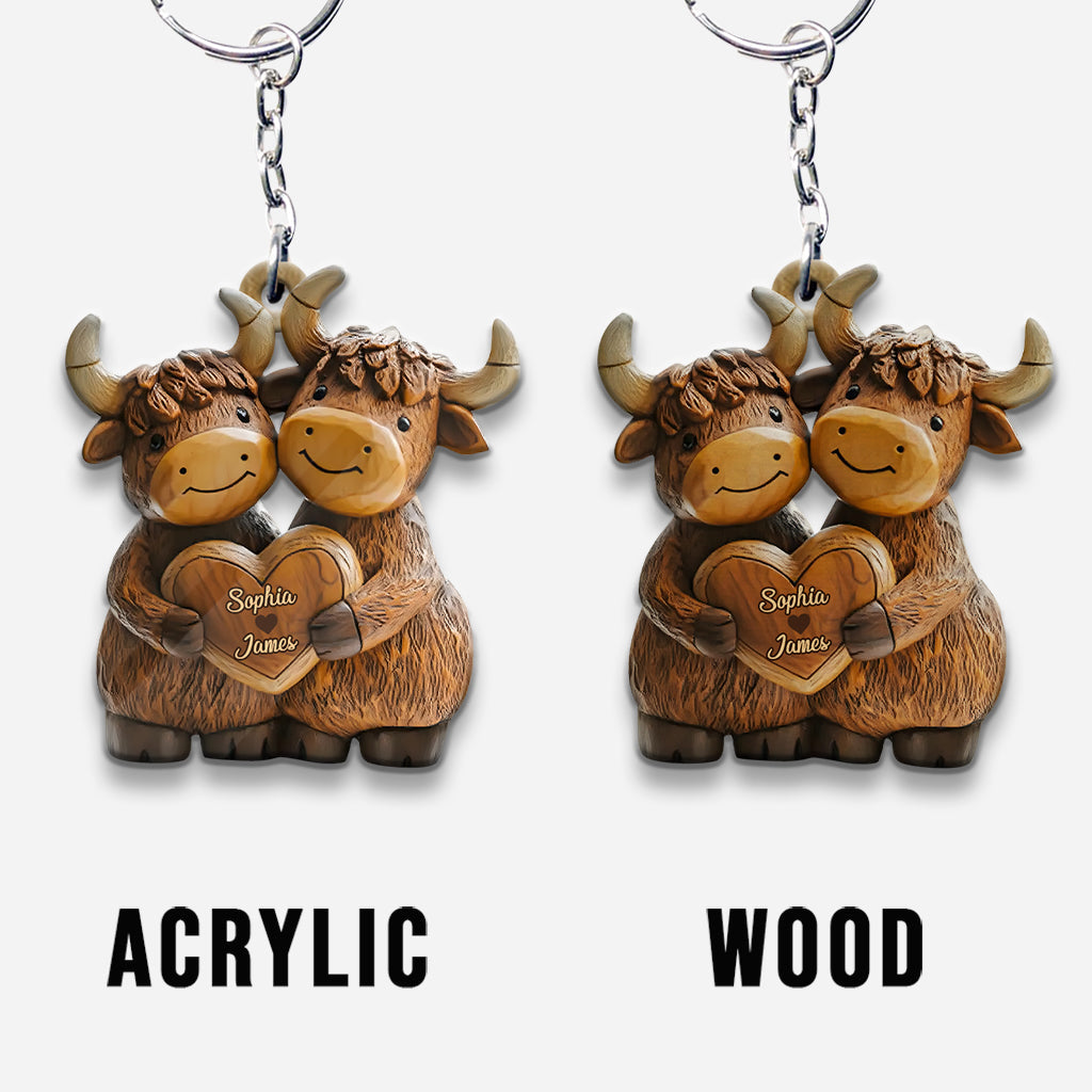 Cute Highland Cow Couple - Personalized Highland Cow Keychain