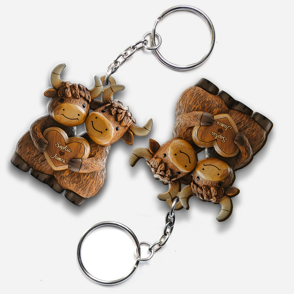 Cute Highland Cow Couple - Personalized Highland Cow Keychain