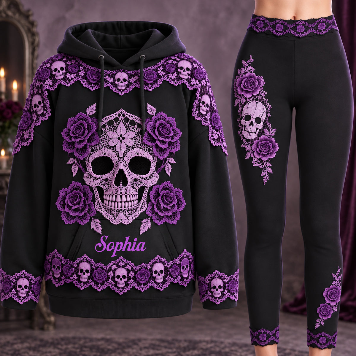 Skull Floral - Sweat à Capuche et Leggings Personnalisés