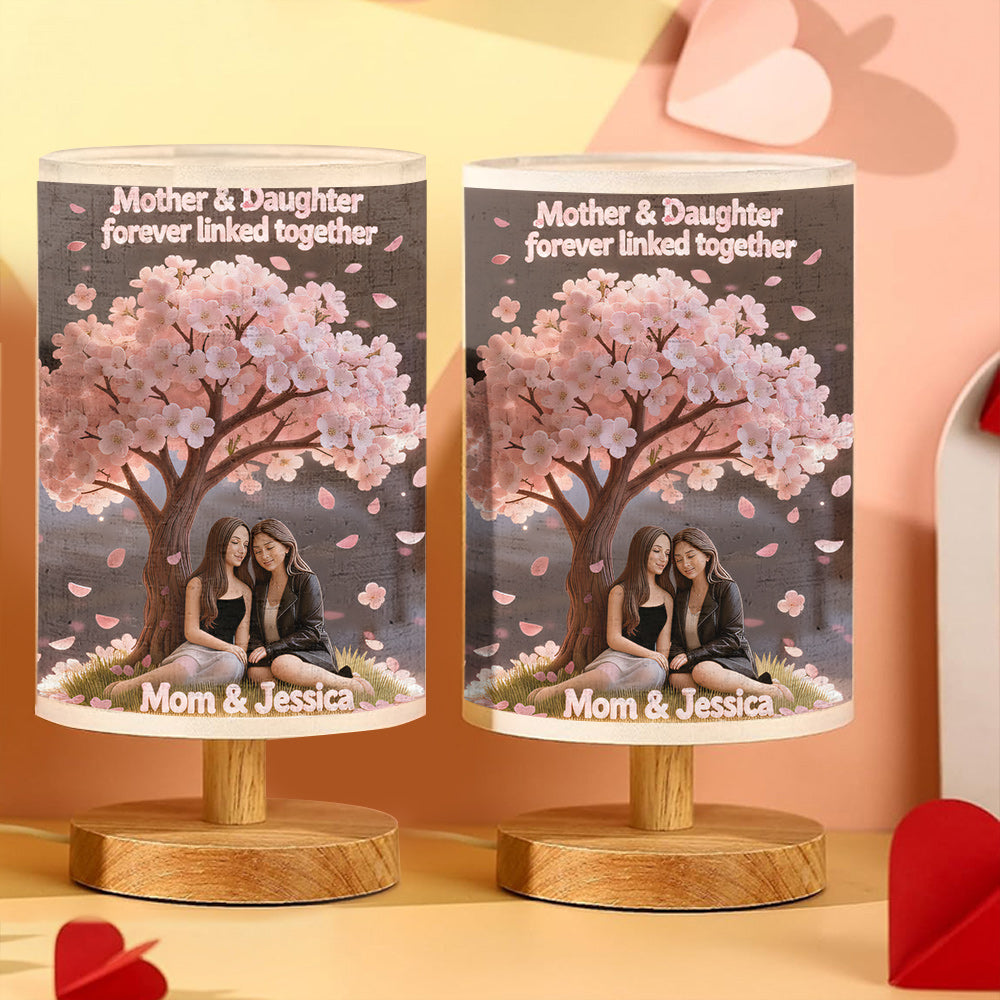 Amour mère-fille - Lampe de table personnalisée « Mère et fille » avec pied en bois