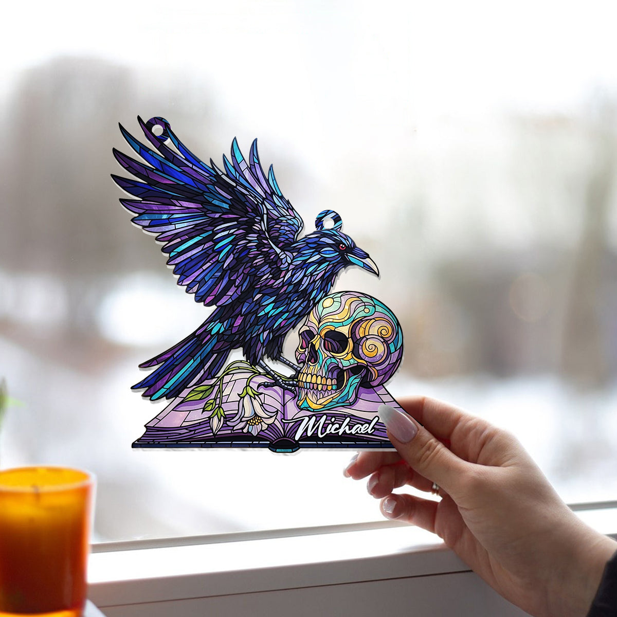 Crâne de corbeau magique - Ornement attrape-soleil personnalisé à suspendre à la fenêtre - Crâne de corbeau - Ornement décoratif 