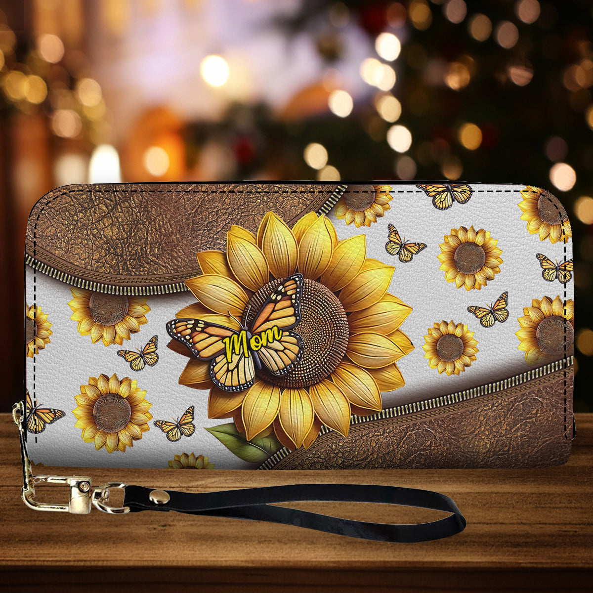 Magnifique cadeau tournesol pour maman, grand-mère - Portefeuille long en cuir personnalisé « Mère »