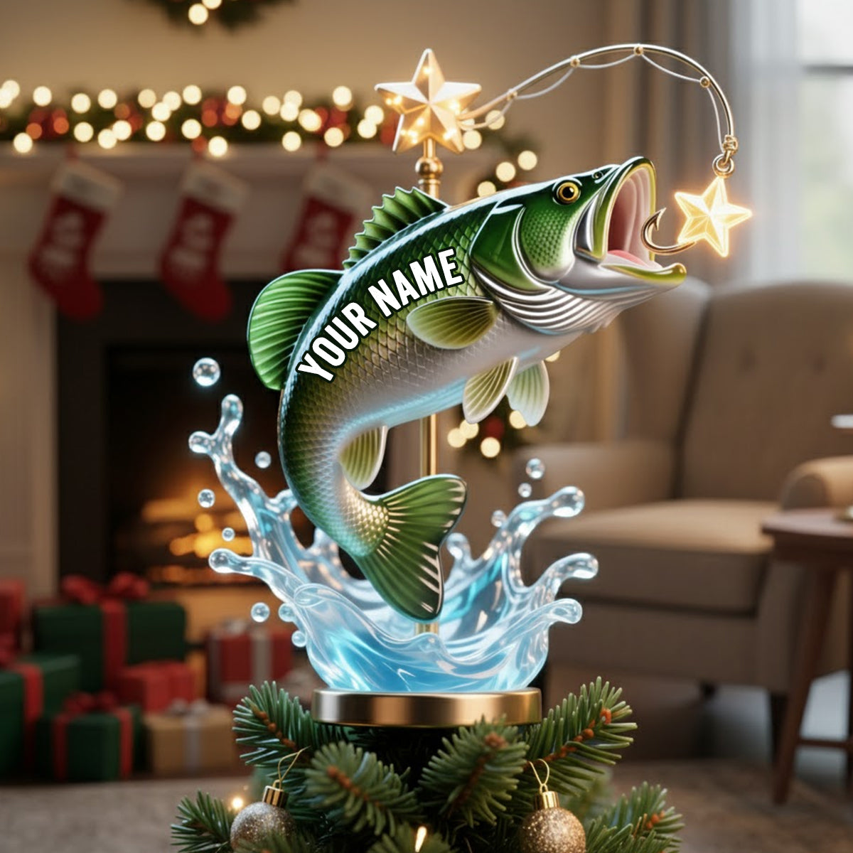 Cadeau de Noël idéal pour les passionnés de pêche - Décoration de sapin lumineuse LED personnalisée sur le thème de la pêche