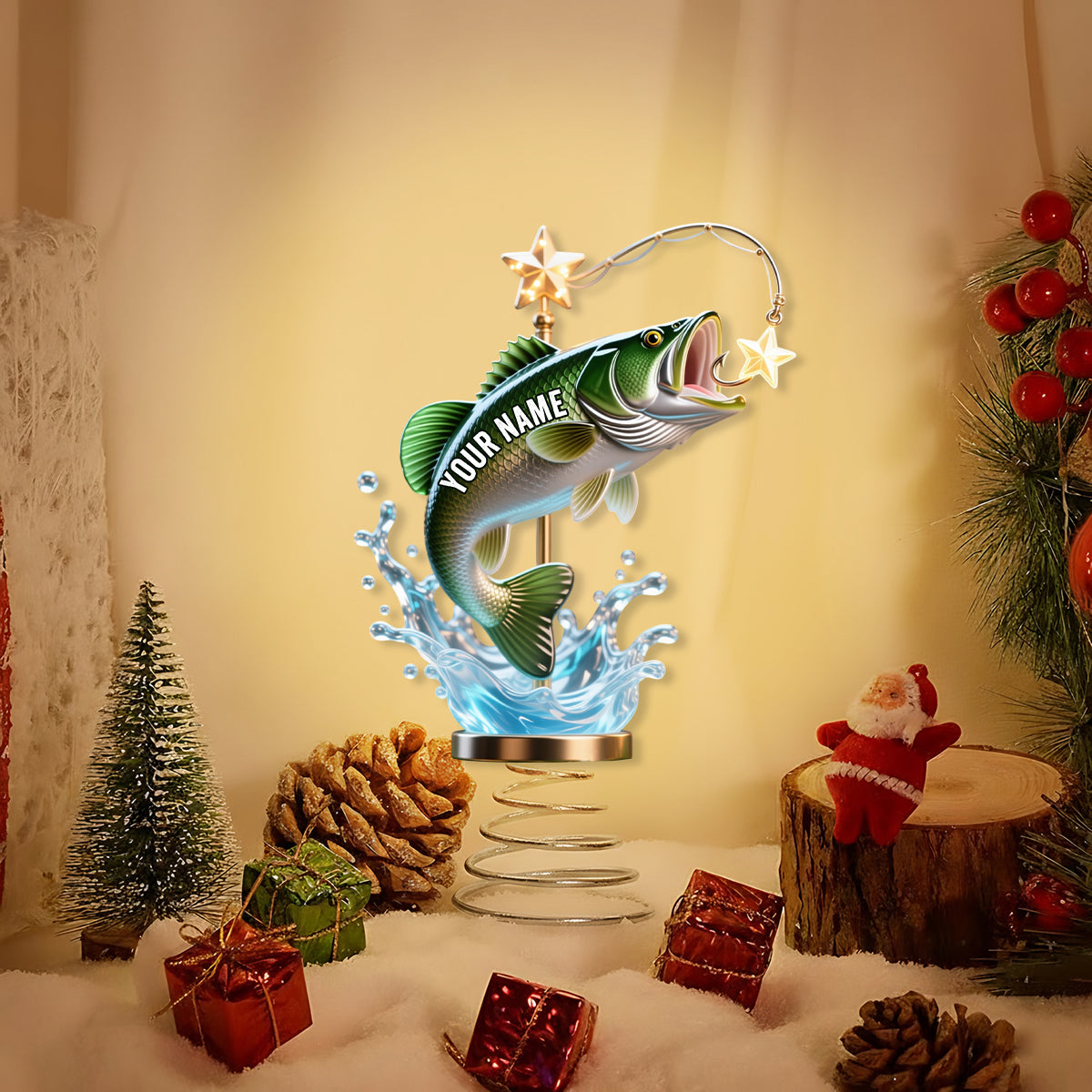 Cadeau de Noël idéal pour les passionnés de pêche - Décoration de sapin lumineuse LED personnalisée sur le thème de la pêche