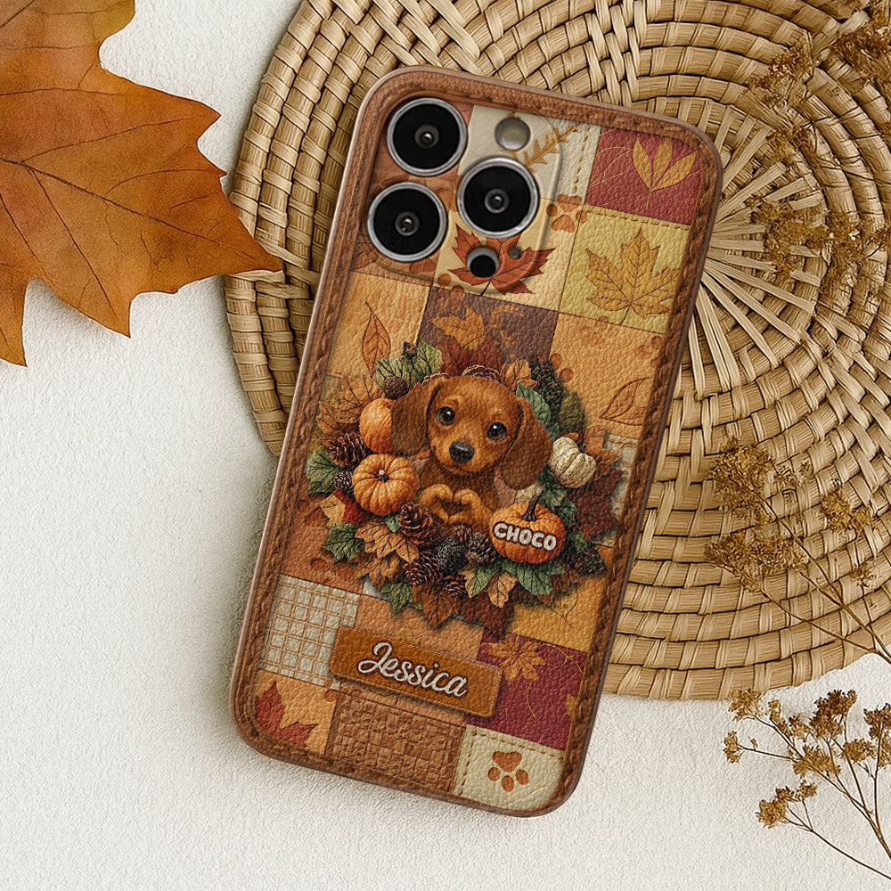 Bienvenue à l'automne - Étui de téléphone en cuir personnalisé pour chien