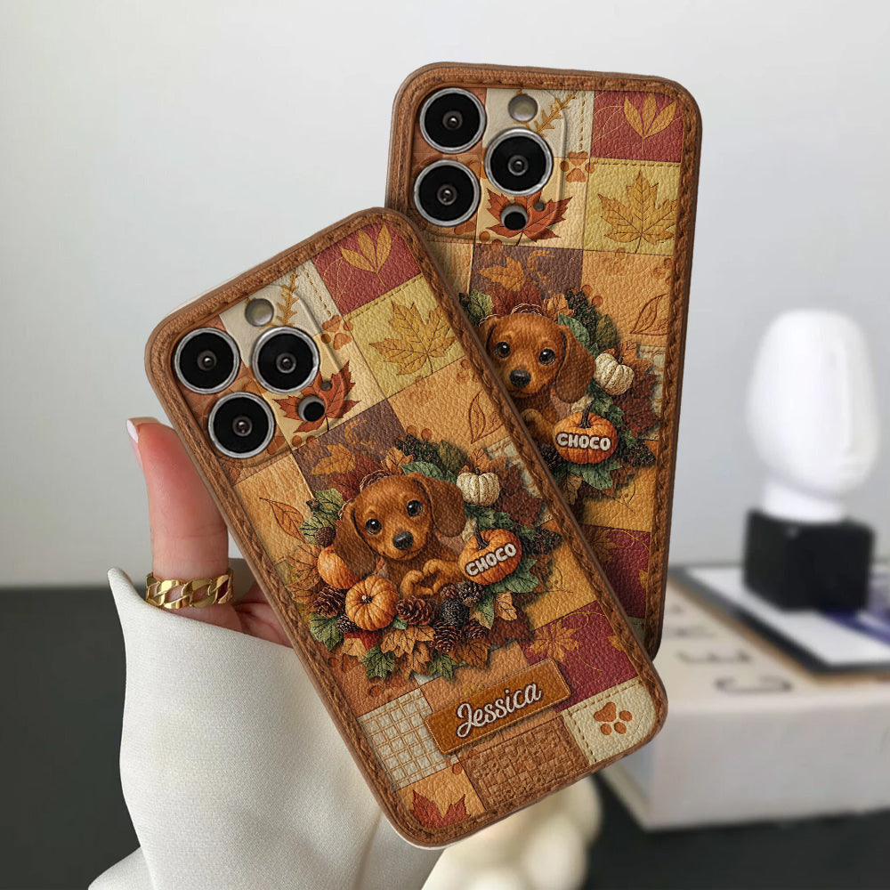Bienvenue à l'automne - Étui de téléphone en cuir personnalisé pour chien