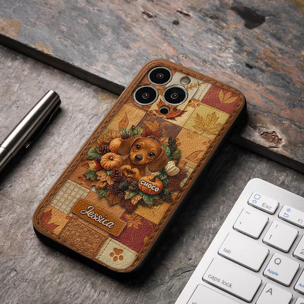 Bienvenue à l'automne - Étui de téléphone en cuir personnalisé pour chien