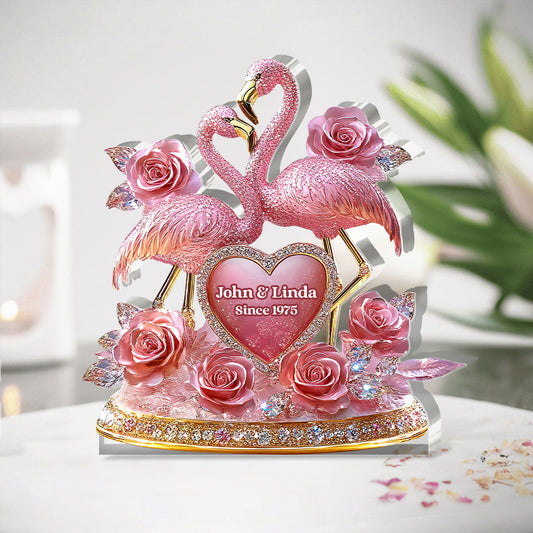 Ensemble en rose, présentoir romantique flamant rose - Plaque acrylique personnalisée pour couple, forme sur mesure