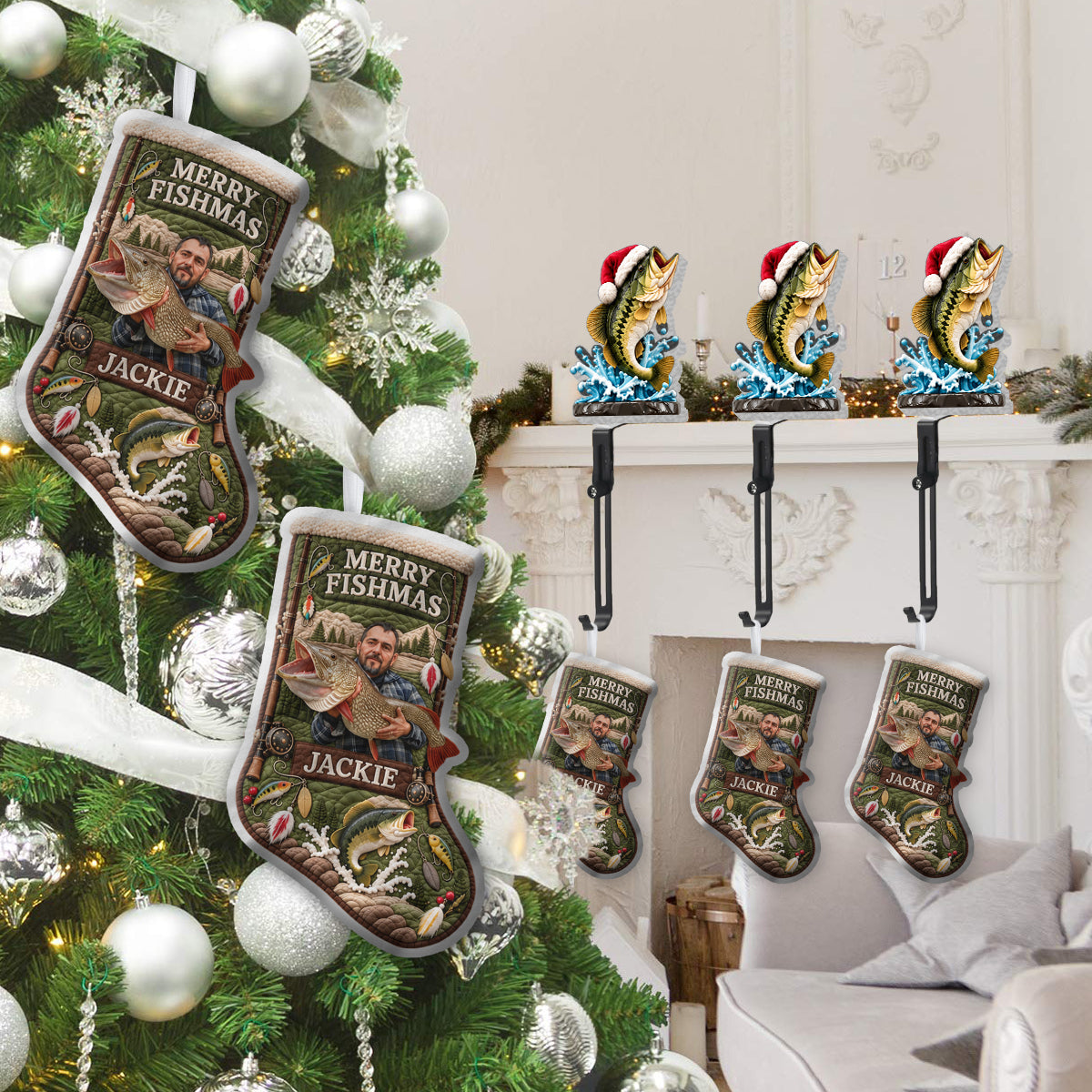 Cadeau de Noël Joyeux Fishmas pour les Amateurs de Pêche - Chaussette de Noël Personnalisée avec Support