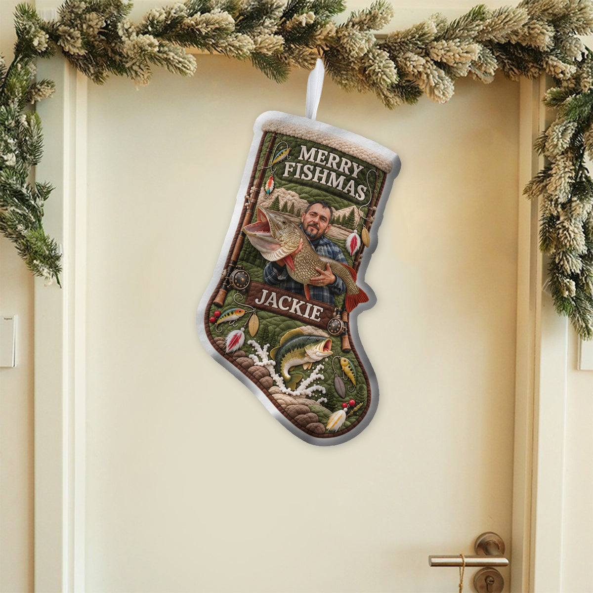 Cadeau de Noël Joyeux Fishmas pour les Amateurs de Pêche - Chaussette de Noël Personnalisée avec Support
