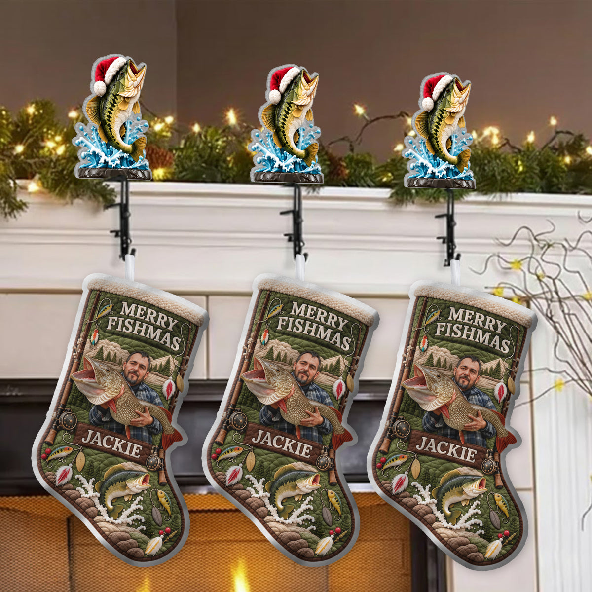 Cadeau de Noël Joyeux Fishmas pour les Amateurs de Pêche - Chaussette de Noël Personnalisée avec Support