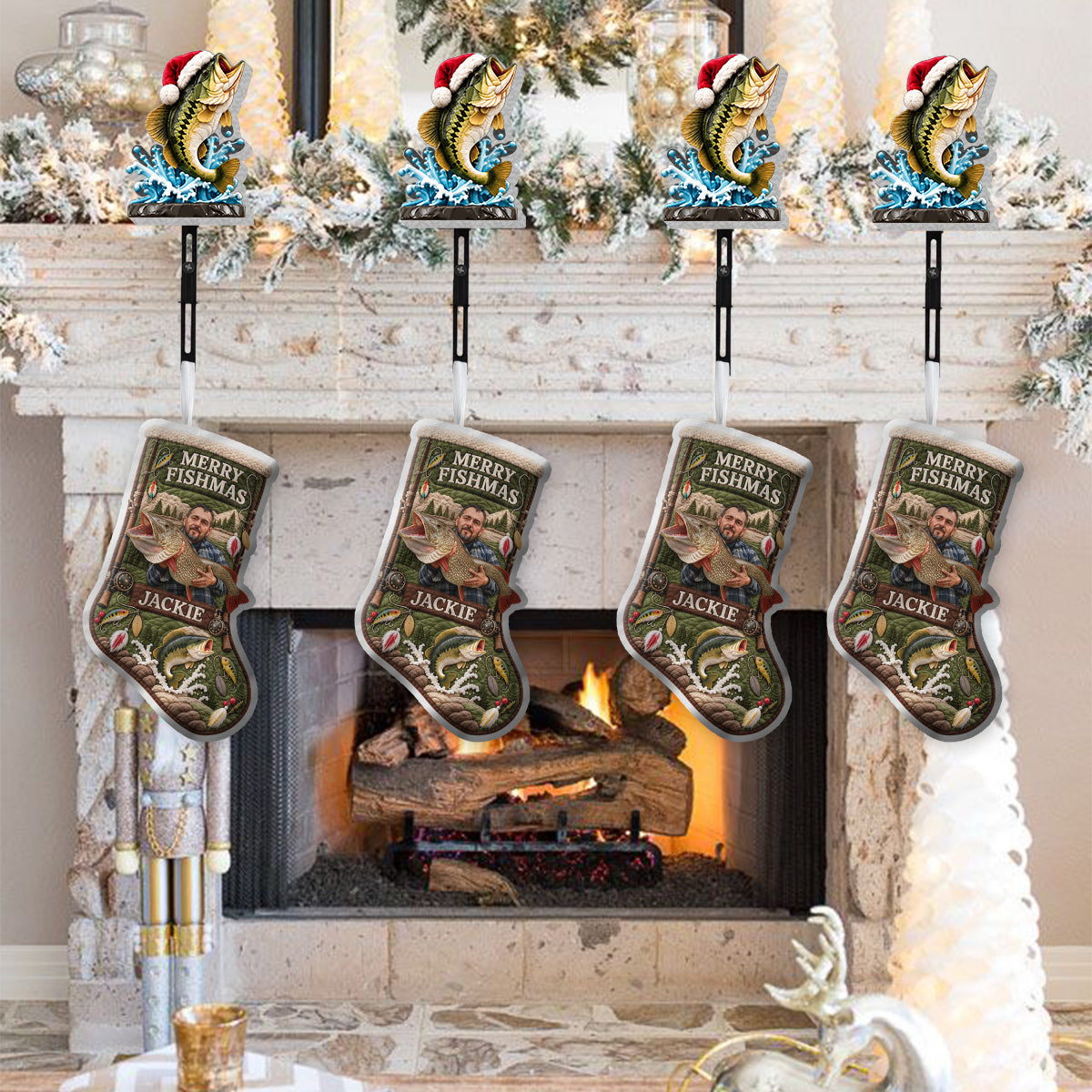 Cadeau de Noël Joyeux Fishmas pour les Amateurs de Pêche - Chaussette de Noël Personnalisée avec Support